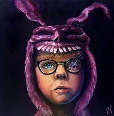 a painting of a woman with glasses and bunny ears