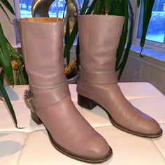 Taupe Chloe Genuine Leather Boots. Made With The Softest, Smoothest Pebbled Leather. They Place Mid-Calf, In Great Condition With A Tiny Mark But Nothing Significant. The Wooden Heel Is In Great Condition. Buckle On Right Boot Is Placed Looser Then The Left And Can Hang Even Lower On Heel Should You Like. Chloe Shoes, Genuine Leather Boots, Wooden Heel, Pebbled Leather, Mid Calf, Riding Boots, Leather Boots, Bootie Boots, Chloe