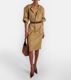 Cotton twill midi dress in beige - Saint Laurent | Mytheresa Velvet Blazer Outfit, Spring Bags, Velvet Blazer, The Saint, Small Shoulder Bag, Manolo Blahnik, Cotton Twill, Top Handle, Leather Shoulder Bag