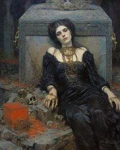 a painting of a woman in black dress sitting on the ground next to a box