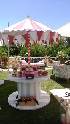 a table that has some food on top of it in the grass with umbrellas