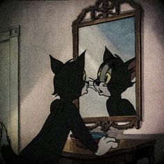 a cat looking at itself in front of a mirror with the reflection of another cat