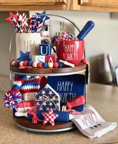 patriotic items are stacked on top of each other