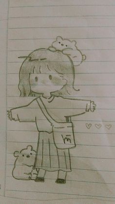 a drawing of a girl holding a teddy bear