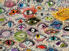 an artistic painting with many different colored eyes