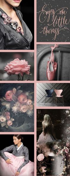 a collage of photos with pink and grey colors, including the woman's dress