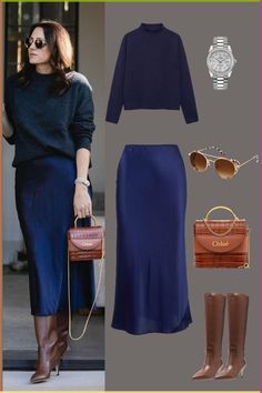 Outfit Inspo | Dark Navy High Collar Sweater with Satin Blue Maxi Skirt | Styled with Brown Knee High Leather Boots and Brown Mini Side Bag | Skirt Outfit Ideas | Winter Style | Women's Outfit Inspiration | Casual Outfit Fashion |Office Fashion Mini Skirt Work Outfit Winter, Knee High Blue Boots, Navy Blazer And Dress Outfit, Knee High Brown Leather Boots Outfit, Navy Blue And Brown Outfits For Women, Navy Leather Skirt Outfit, Navy Blue Office Outfit, Satin Winter Outfit, Navy Satin Midi Skirt Outfit