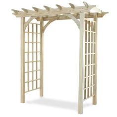 an outdoor wooden arbor with lattices on the top and bottom part, in front of a white background