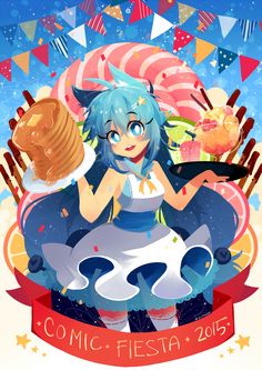 an anime character sitting on top of a table with food in front of her face