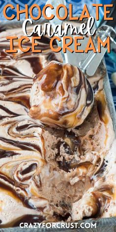 chocolate caramel ice cream in a pan with a spoon