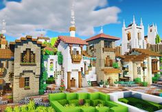 Mediterranean Minecraft Builds, Minecraft Santorini, Minecraft Mediterranean House, Minecraft Mediterranean, Minecraft City Ideas, Minecraft Build House, Mediterranean City, Minecraft Mansion