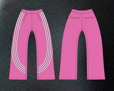 the front and back views of pink pants with white stripes on them, against a black background