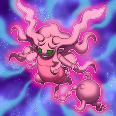 an animated pink creature with green eyes flying through the air over a purple and blue background