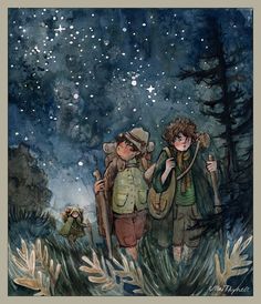 two children are walking through the woods at night with stars in the sky above them