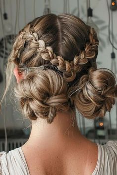 Braided Space Buns Short Hair, Cute Hairstyles Buns And Braids, Space Buns Long Curly Hair, Braids And Space Buns, Glitter Updo Hair, Braids Into A Bun Hairstyles, Galaxy Buns Hair, Viking Braids For Short Hair, Space Bun Updo