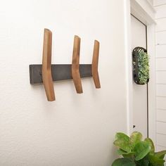 there is a coat rack on the wall next to a potted plant and door