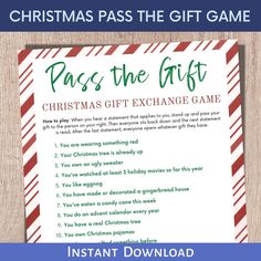 a christmas pass the gift game with text overlaying that reads,'pass the gift