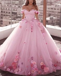 Fairy Princess Prom Dress, Pink Princess Dress Fairytale, Flowers Prom Dress, Blush Pink Wedding Dress, Flower Prom Dress, Satin Bridal Gowns, Blush Pink Wedding, Pretty Quinceanera Dresses, Sixteenth Birthday