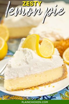 a lemon pie on a white plate with the words zesty lemon pie