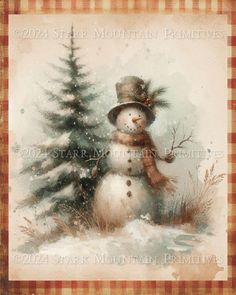 a snowman with a hat and scarf standing in front of a pine tree on a checkered background