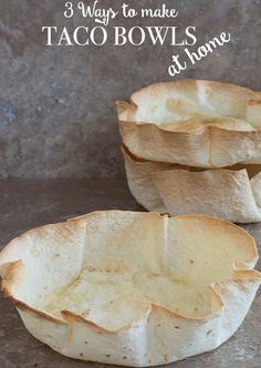 three bowls filled with food sitting on top of a counter next to the words 3 ways of making taco bowls