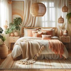 a bedroom with lots of plants in the window sill and bed linens on the floor