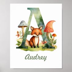 a watercolor painting of a fox and mushrooms with the letter a in it's center