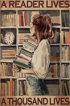 a woman is reading a book in front of a bookshelf full of books