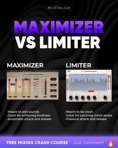 a poster with the words maximum versus limiter and an image of sound mixing equipment