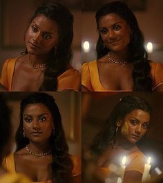 a woman in a yellow dress holding a lit candle and looking at the camera with different expressions on her face