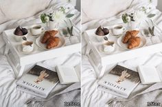 two pictures of coffee and croissants on a bed with white linens