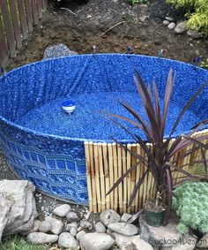 a large blue pool surrounded by rocks and plants