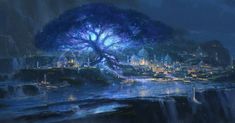 a painting of a tree in the middle of a city at night with lights on