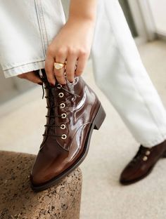 Doria Ganache - Flat ankle lace-up boots in brown patent leather Ankle Lace Up Boots, Fall Sneakers, 2024 Wishlist, Wedge Loafers, Platform Clogs, Ankle Boots Flat, Boot Pumps, Clean Shoes, Boots Knee