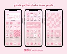 three iphones with pink polka dots icons on the back and one has hearts in it