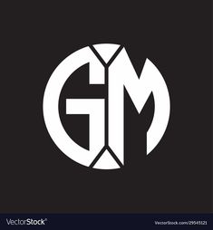 the letter g and m in a circle with an arrow inside it on a black background