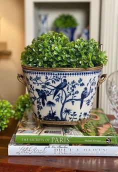 a blue and white planter sitting on top of two books