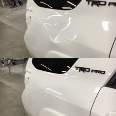 two white cars parked next to each other in a garage