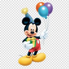 mickey mouse with balloons and a birthday hat holding a present in his hand, transparent background