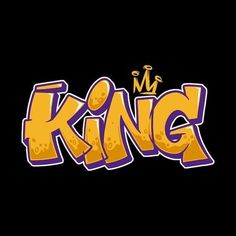 the word king written in yellow and purple with a crown on it's head