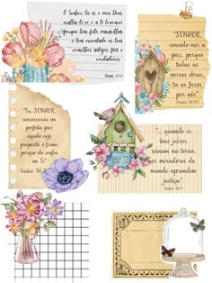 an assortment of papers with flowers and birdhouses on them, some are written in spanish