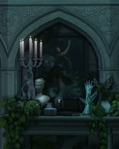 a fireplace with candles and statues on it in a room filled with greenery next to a window