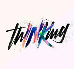 the word think written in black ink on a white background with multicolored paint