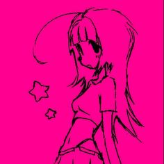 a drawing of a girl with long hair and stars on her chest, standing in front of a pink background