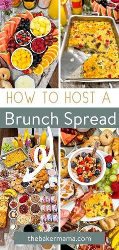 the brunch spread is ready to be eaten and served in different dishes, including fruit