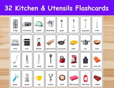 the kitchen and utensils flashcards are displayed on a wooden table with purple border