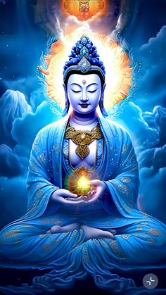 the buddha is sitting in meditation position with his eyes closed and hands clasped together, surrounded by clouds