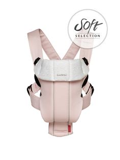 the baby carrier is pink and white with black accents on it's back end