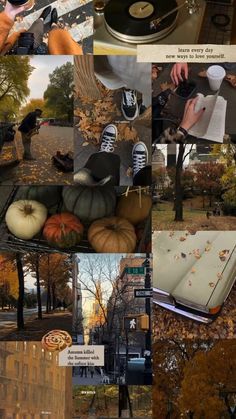 a collage of photos with various things in them including an old record player, pumpkins and leaves