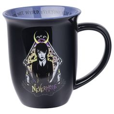 a black coffee mug with an image of a woman holding a knife on the side